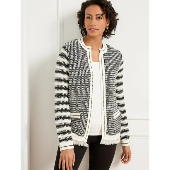 Talbots Women's Large Mixed Texture‎ Striped Knit Black/Ivory Fringe Trim Jacket - Picture 1 of 6